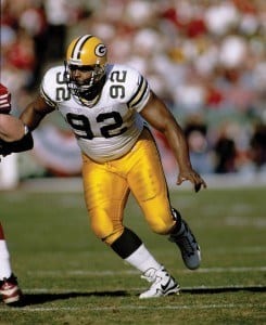 Green Bay Packers Hall of Fame defensive end Reggie White (92) rushes the passer during the NFC Wildcard Playoff, a 30-27 loss to the San Francisco 49ers on January 3, 1999, at 3Com Park in San Francisco, California. (Photo by David Stock/NFL)