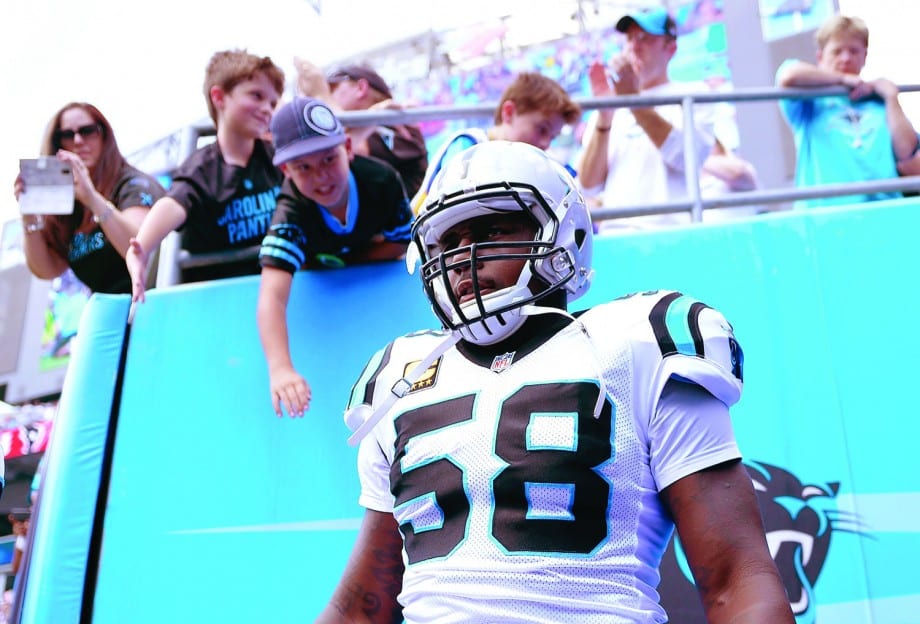 CHARLOTTE, NC - SEPTEMBER 20: Thomas Davis #58 of the Carolina Panthers prepares to take the field against the Houston Texans at Bank of America Stadium on September 20, 2015 in Charlotte, North Carolina. (Photo by Grant Halverson/Getty Images)